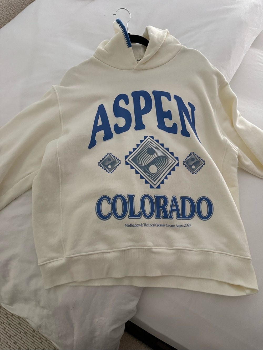 Madhappy Cream Crewneck Hoodie with Blue Aspen Colorado Graphic